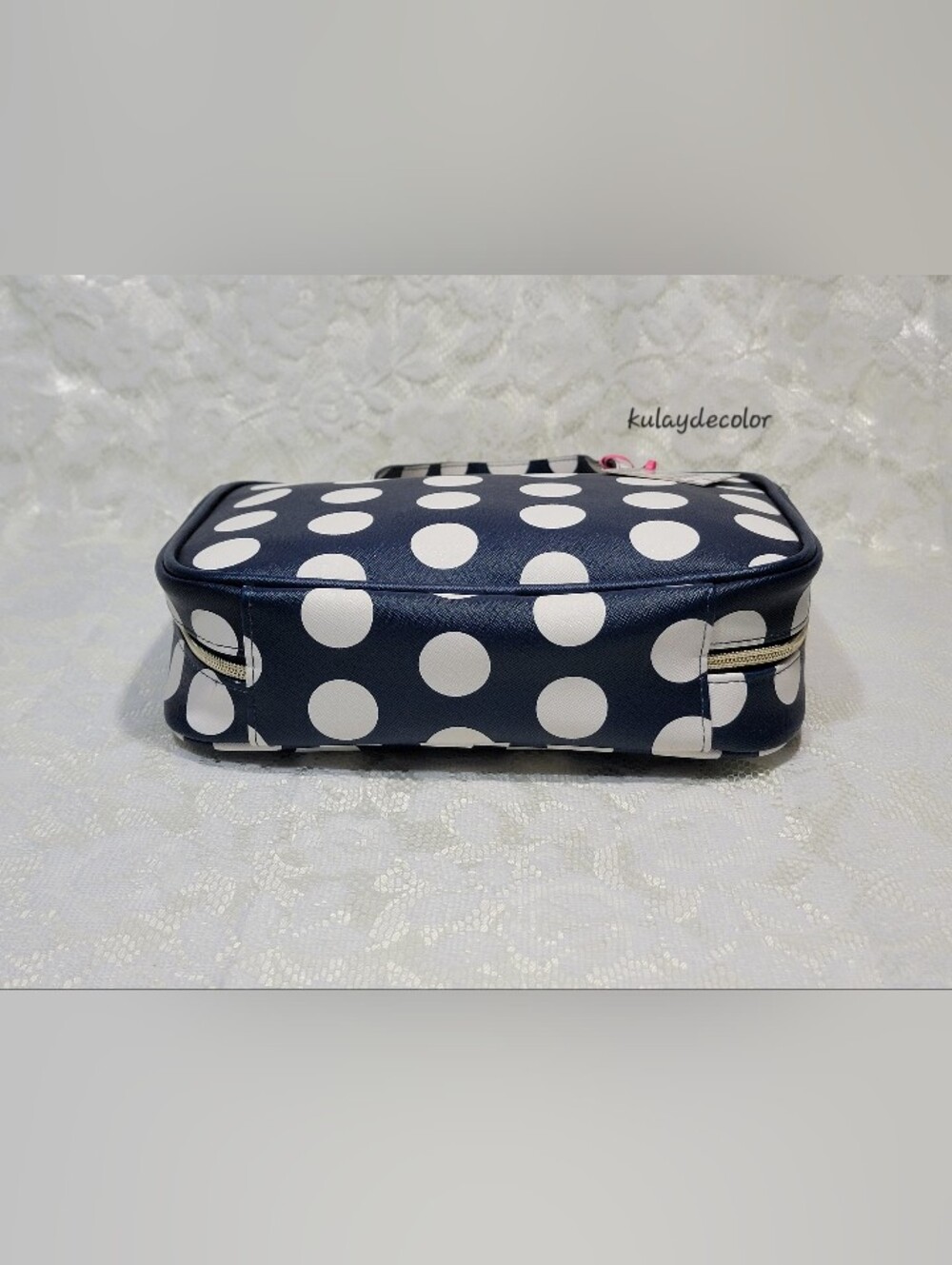 Dabney Lee Navy Blue White Polka Dot Cosmetic Travel Large Toiletry Bag Zip Tote - Picture 9 of 16